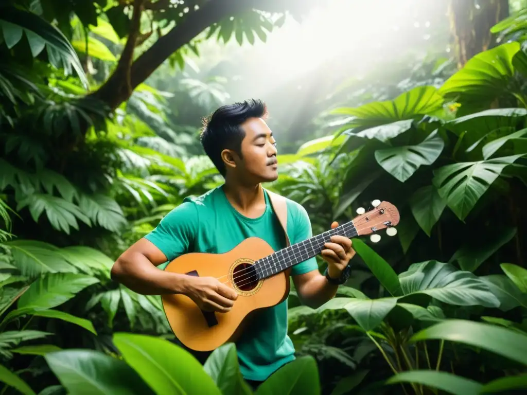 Un artesano crea un ukelele en un exuberante bosque, resaltando la relación armoniosa entre la música y la sostenibilidad ecológica