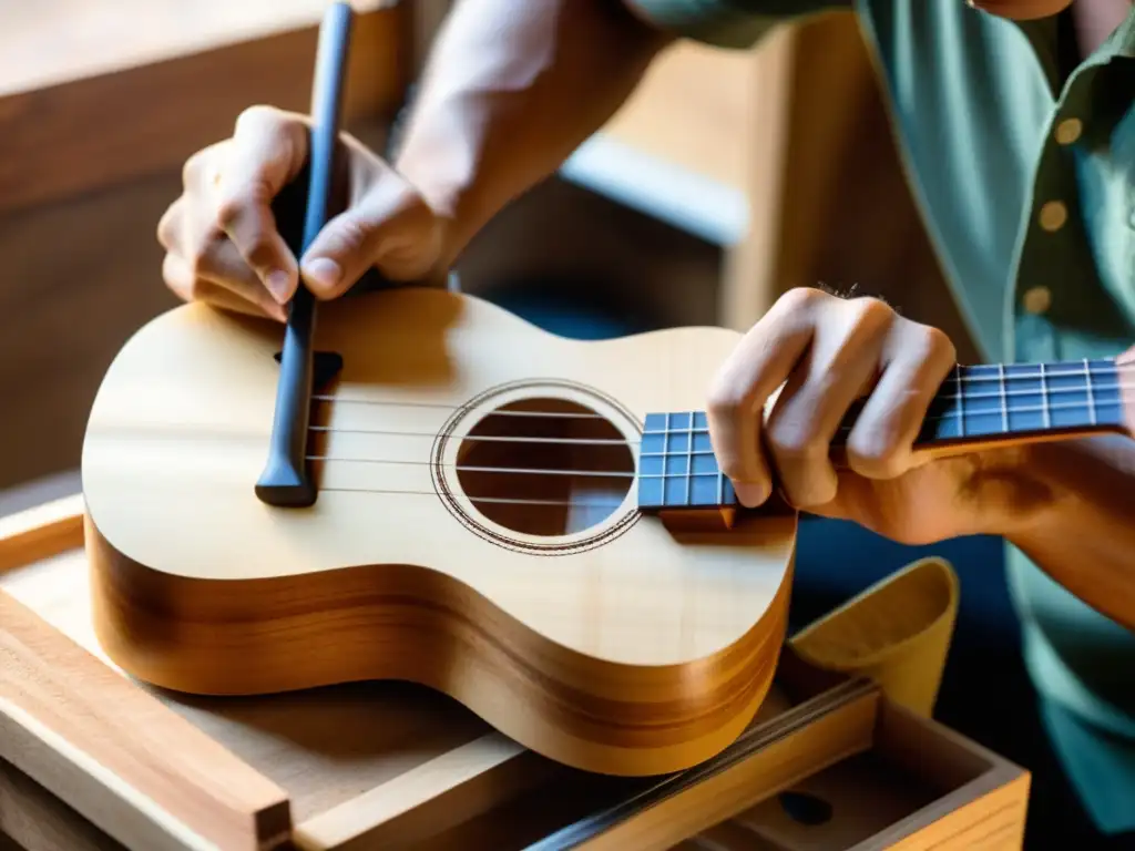 Un artesano hábil talla con pasión un ukelele sostenible, destacando la artesanía tradicional y el enfoque ecofriendly en la producción