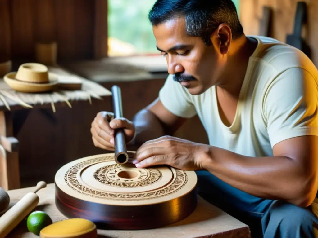 Artesano tallando un cuatro venezolano, mostrando la historia del cuatro venezolano con su dedicación y artesanía detallada