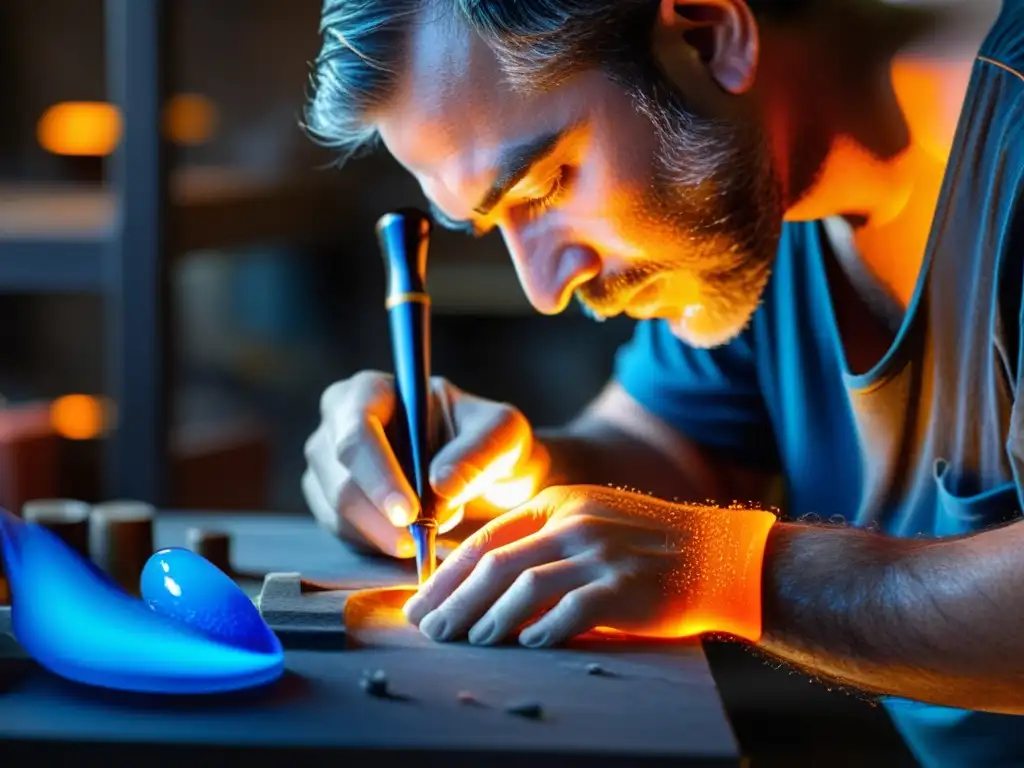 Un artesano del vidrio moldea con destreza un hermoso instrumento de vidrio, creando una escena evocadora de precisión y artesanía