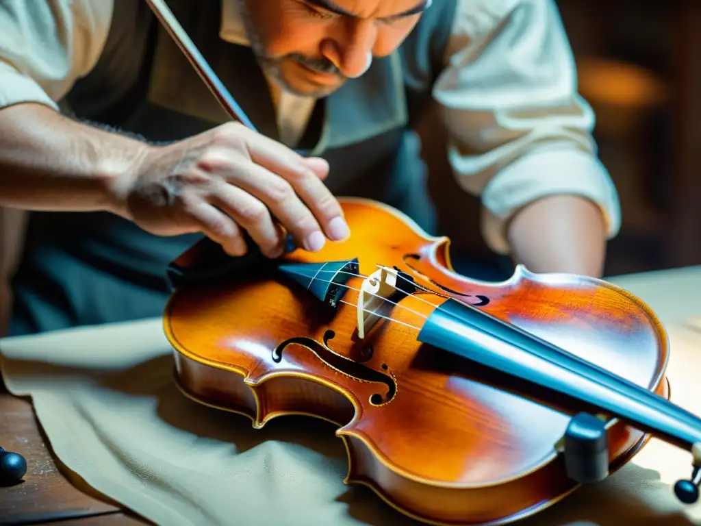 Un artesano restaura con maestría un violín antiguo, aplicando barniz para resaltar sus cálidos tonos