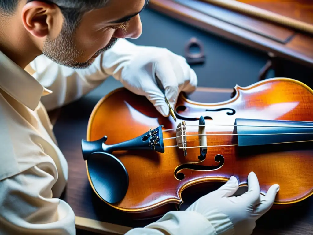 Artesano restaurando un violín antiguo, aplicando barniz con dedicación y precisión