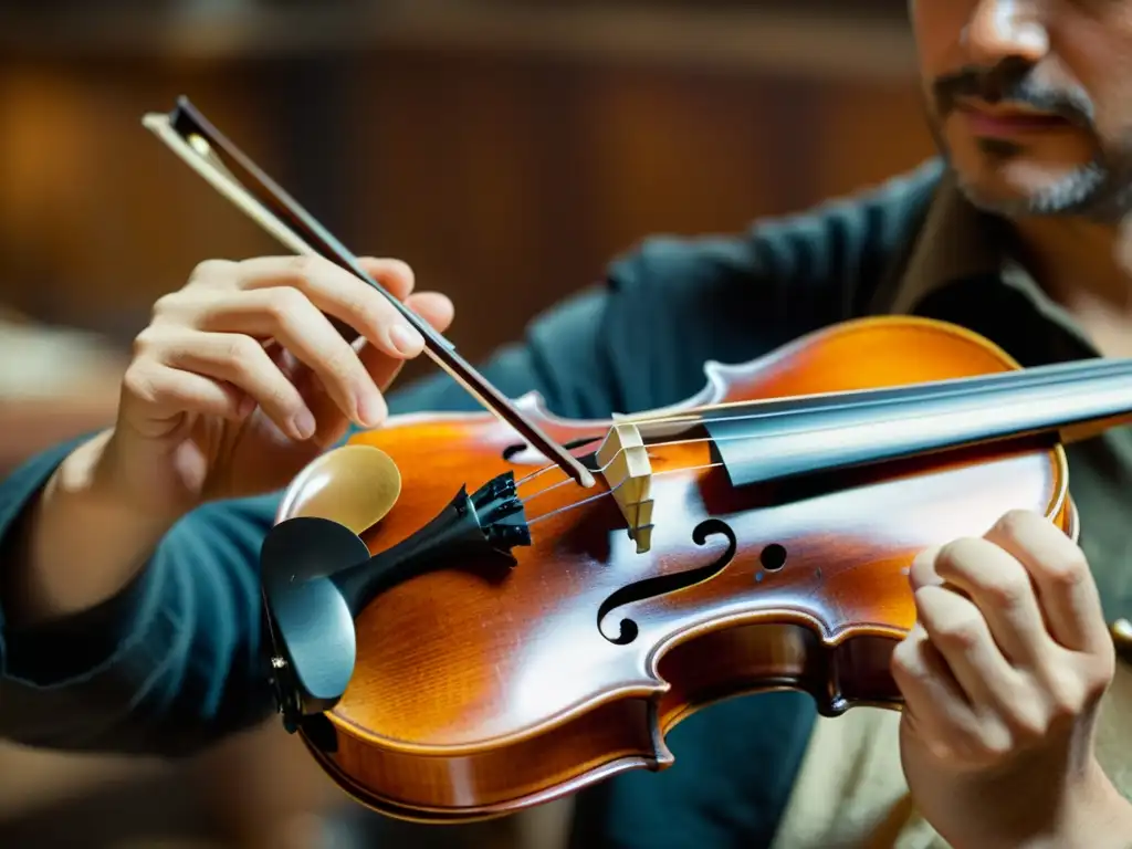 Un artesano restaura meticulosamente un violín antiguo, resaltando la riqueza de la madera