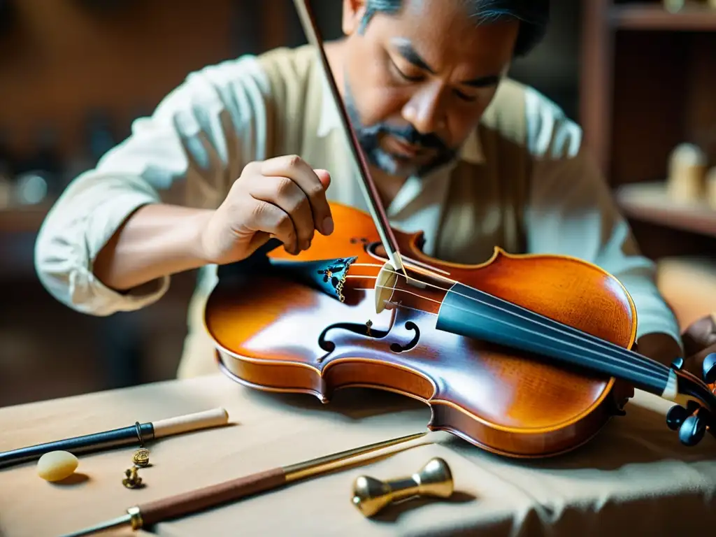 Artesano restaurando un violín antiguo con precisión, en un taller cálido y detallado