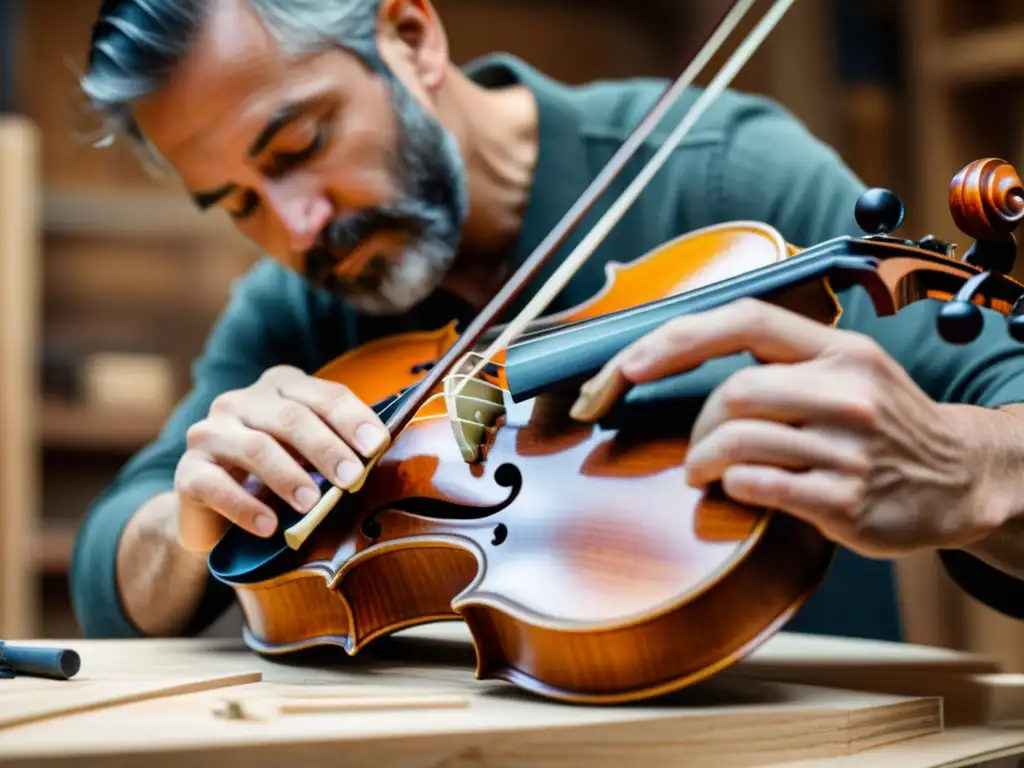 Un artesano crea un violín con materiales reciclados en un taller cálido y detallado