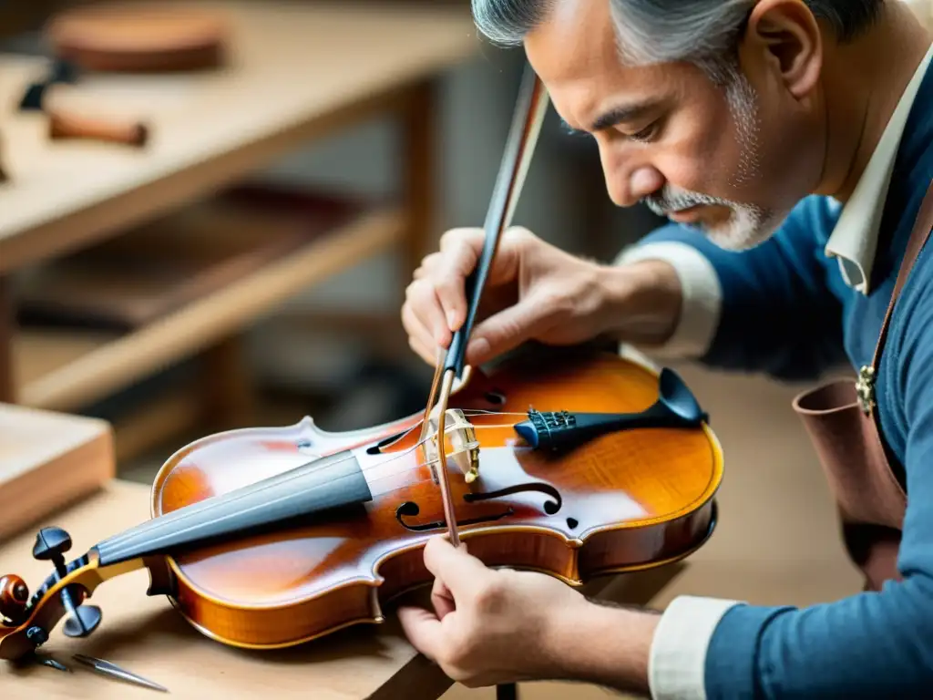 Un artesano restaurando detalladamente un violín vintage, mostrando la precisión y expertise en la restauración de instrumentos musicales