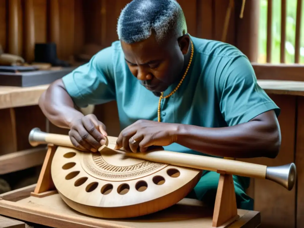 Un artesano Yoruba tallando con cuidado el cuerpo de madera de un Agidigbo, bajo lamelófono cultura Yoruba