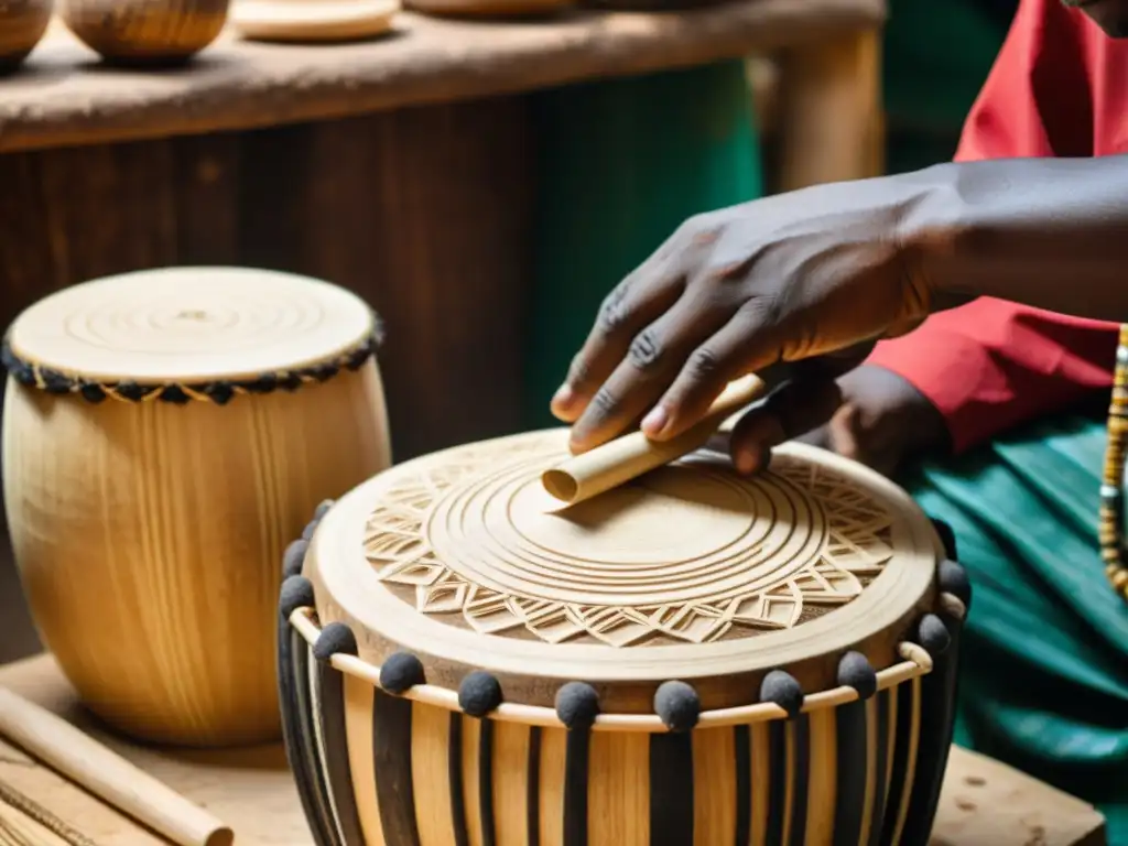 Un artesano Yoruba talla con destreza un tambor parlante, mostrando la historia y la tradición de este instrumento culturalmente significativo