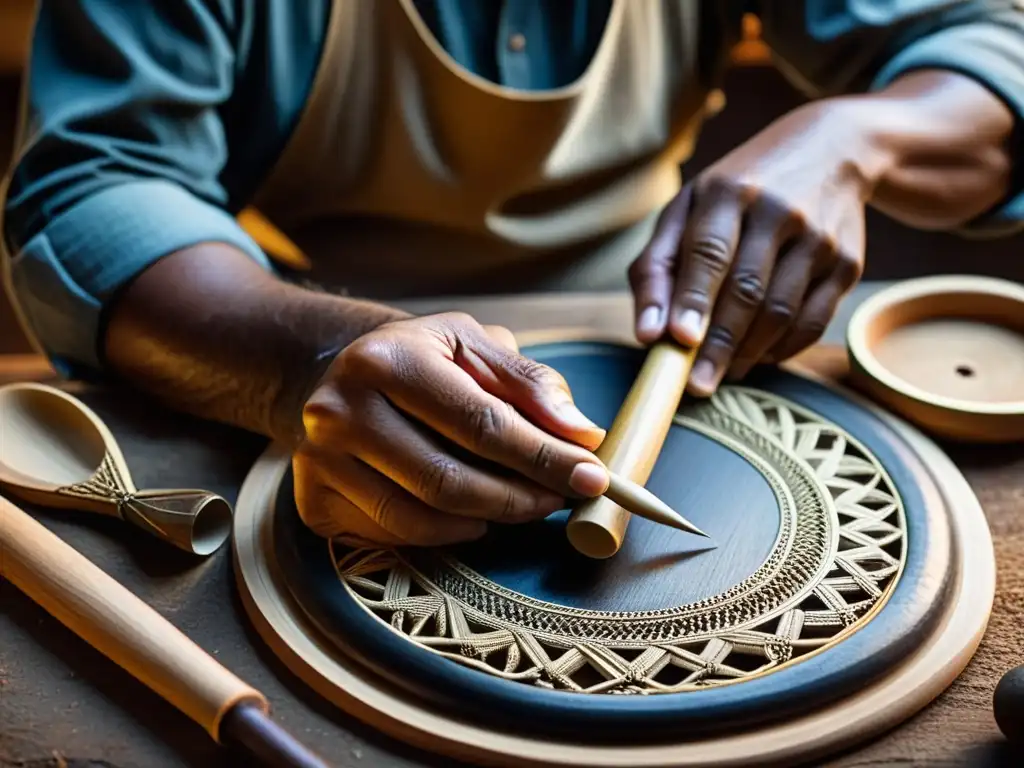 Un artesano hábil preservando la zurna de Oriente Medio en un taller tenue, rodeado de herramientas, materiales y artefactos históricos