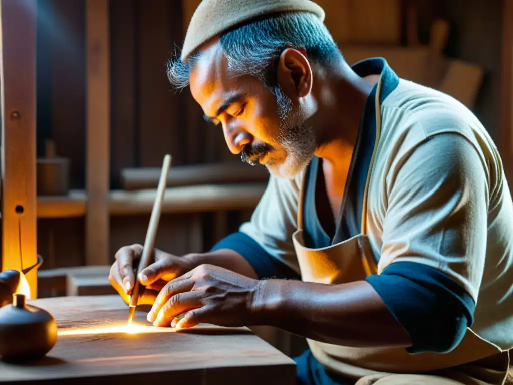 Un artesano hábil talla detalladamente una Zurna en su taller, con determinación