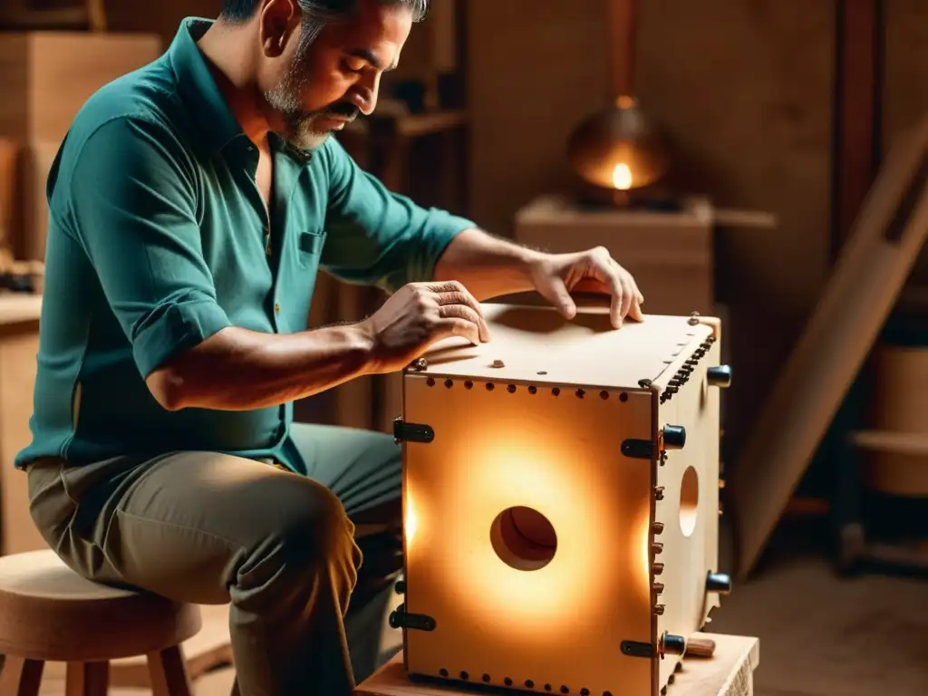 Artesanos crean con maestría un cajón flamenco, rodeados de herramientas, virutas de madera y una cálida iluminación