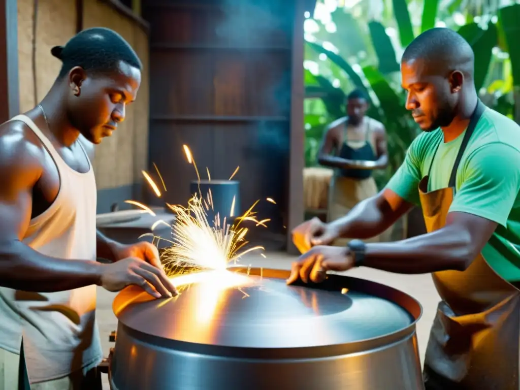 Artesanos caribeños moldeando y puliendo steel drums con destreza en un taller vibrante