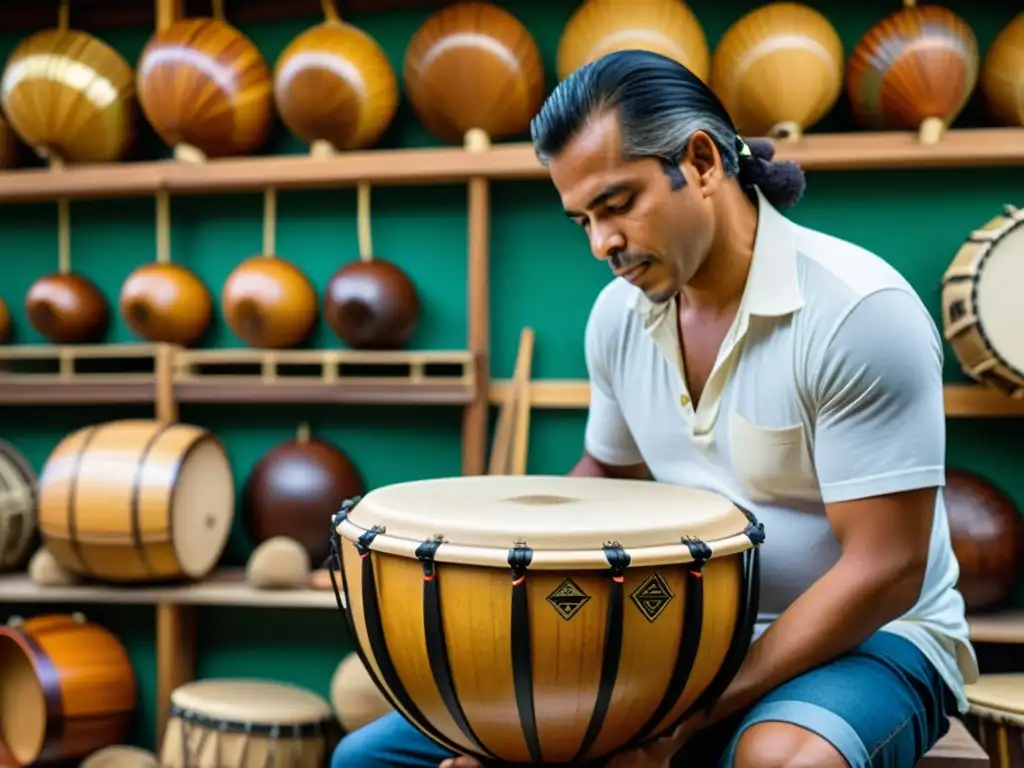 Artesanos colombianos creando tambor alegre, reflejando la tradición de ritmos afrodescendientes en un taller cálido y lleno de dedicación