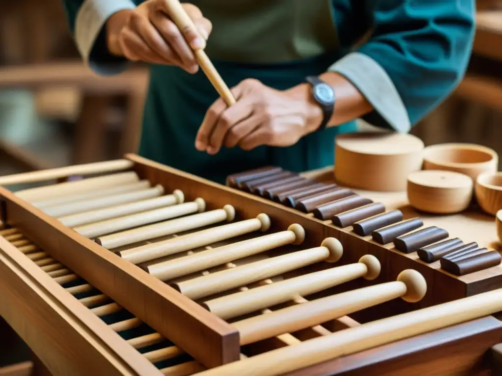 Artesanos tallando marimba con devoción Artesanos tallando con cuidado las teclas de madera de una marimba, reflejando su dedicación y el significado cultural de la marimba