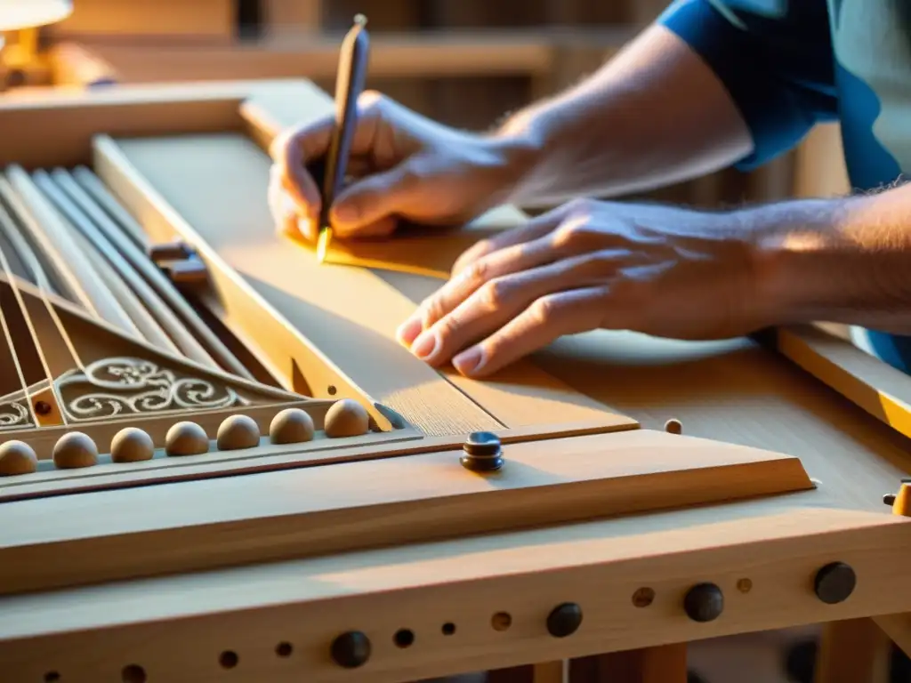 Artesanos crean con destreza un clavecín moderno en un taller, destacando la transformación del instrumento