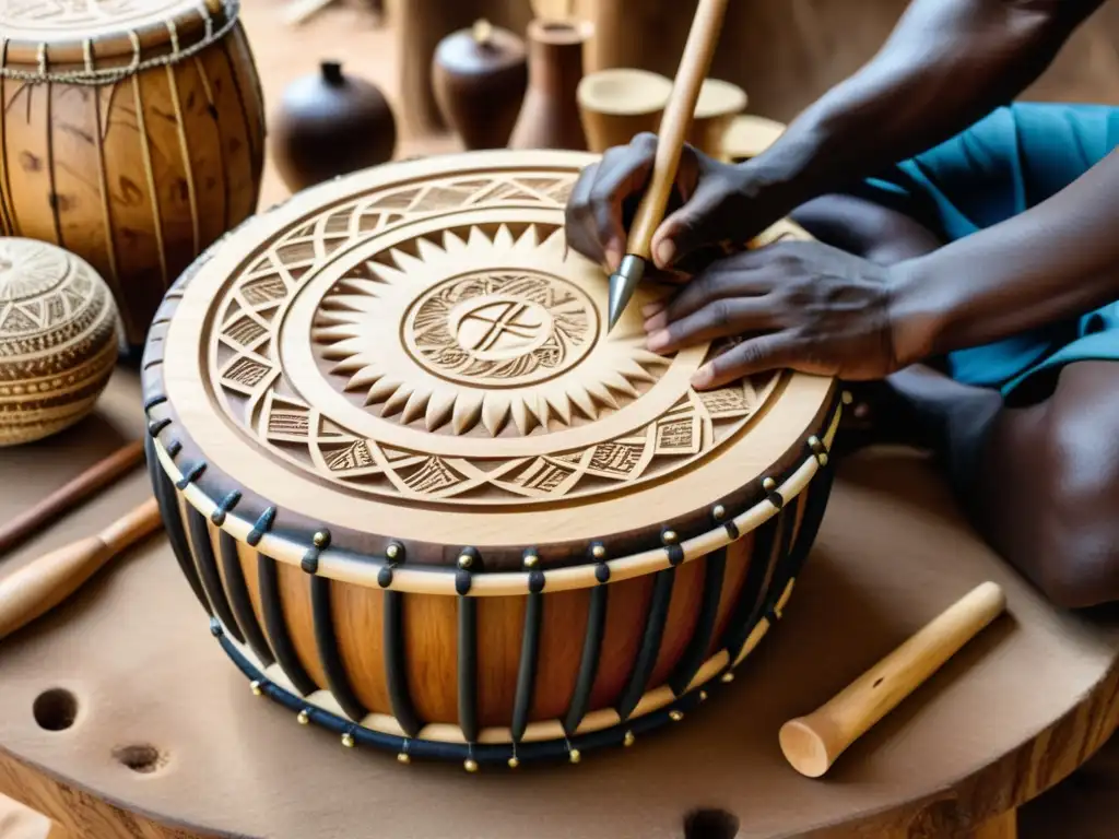 Artesanos tallando diseños en tambores de madera para instrumentos afroantillanos, destacando el hueso en la música afroantillana