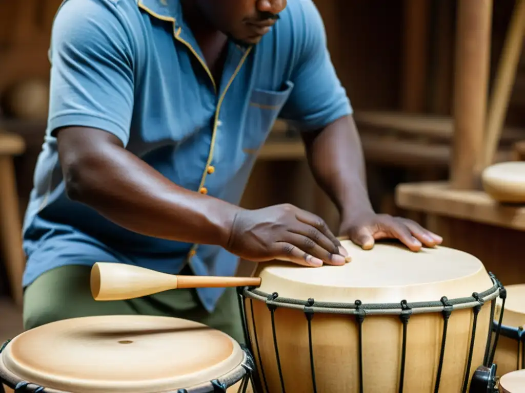 Artesanos expertos crean con esmero instrumentos de percusión latina pop moderno, infundiendo cada creación con una rica herencia cultural