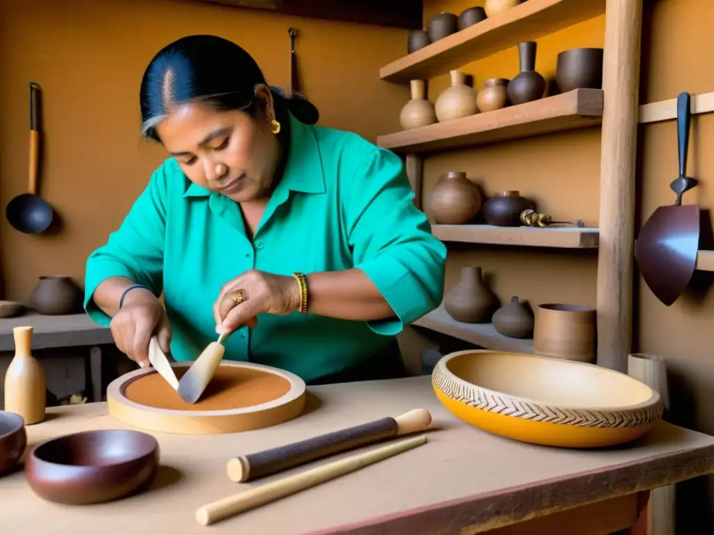 Artesanos expertos crean panderos cuadrados en taller tradicional, inmersos en la rica atmósfera de la artesanía joropo