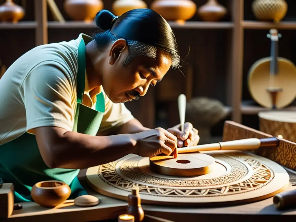 Artesanos filipinos reviviendo la riqueza sonora de Filipinas, tallando una Octavina con precisión en un taller iluminado, rodeados de instrumentos musicales tradicionales