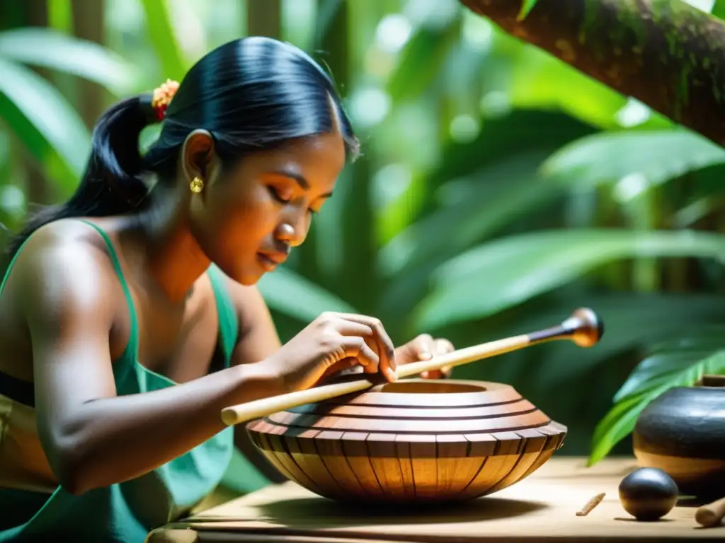 Artesanos elaborando instrumentos musicales ecológicos en la selva tropical, reflejando tradición y sostenibilidad global