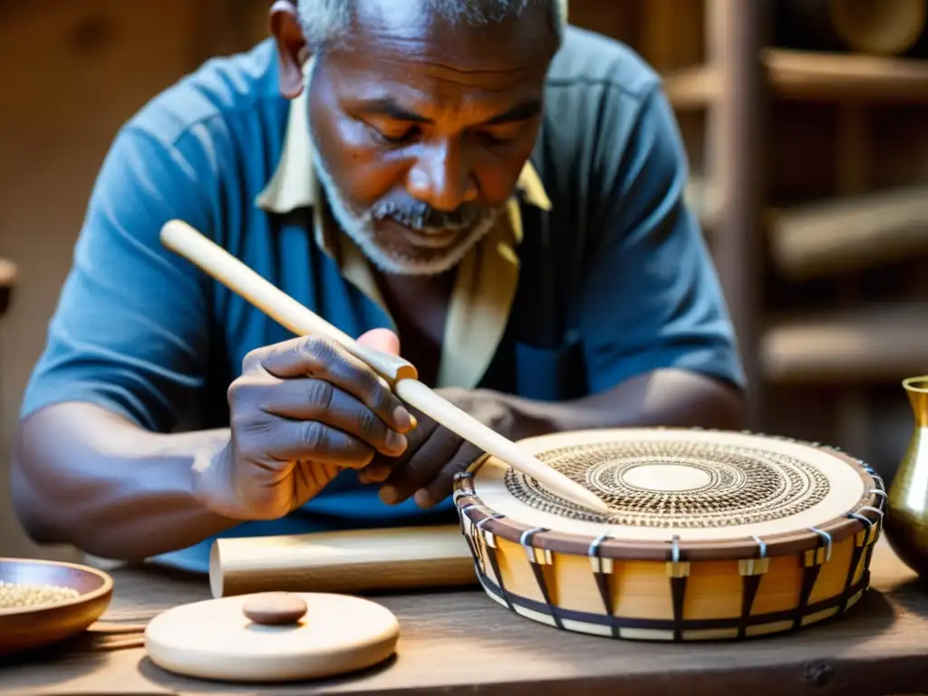 Artesanos creando instrumentos musicales globales sostenibles con materiales locales, destacando la tradición y habilidad artesanal