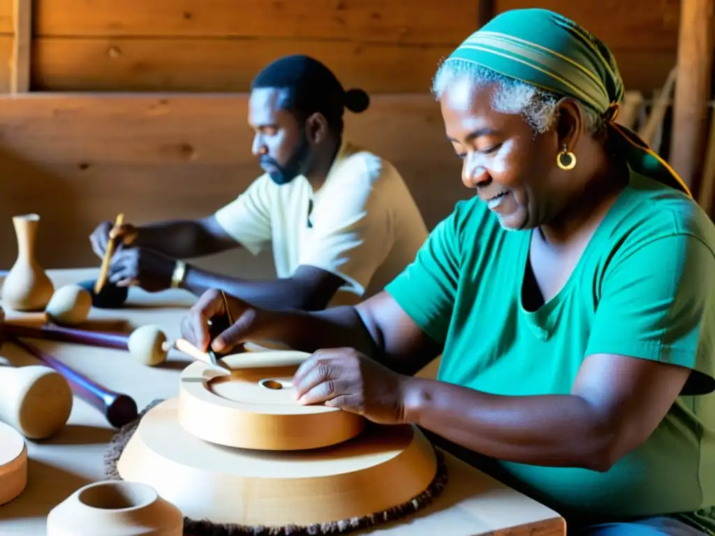 Artesanos crean instrumentos musicales hechos materiales reciclados en taller rústico, con luz natural resaltando detalles