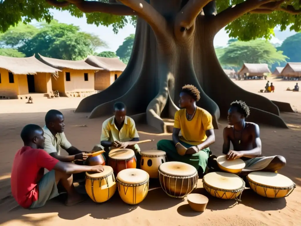 Artesanos de Guinea tallando instrumentos musicales de madera bajo un árbol centenario, reflejando la autenticidad de la orquesta de madera de Guinea