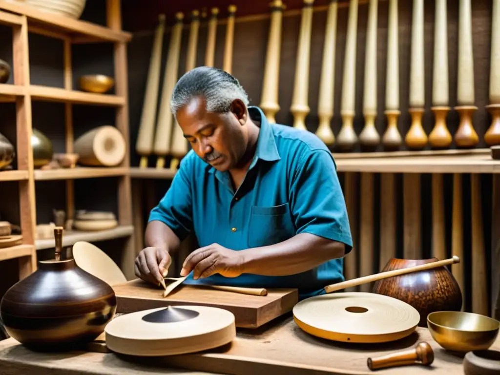 Artesanos creando instrumentos musicales tradicionales con meticulosidad y dedicación, resaltando la importancia cultural de instrumentos musicales