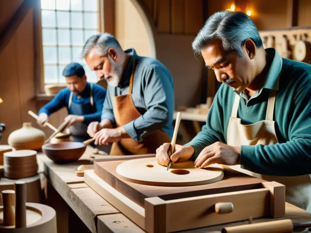 Artesanos tallando instrumentos musicales tradicionales de madera en un taller cálido y lleno de tradición