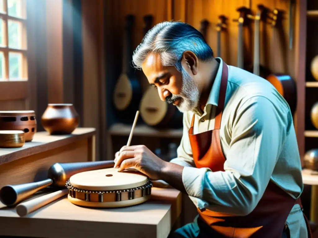 Artesanos creando instrumentos musicales tradicionales a mano en un taller, con herramientas, materiales y diseños detallados