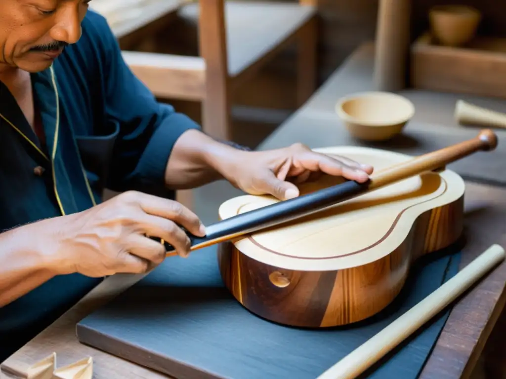 Artesanos tallando con precisión instrumentos musicales tradicionales en cálida madera, preservación de instrumentos musicales tradicionales