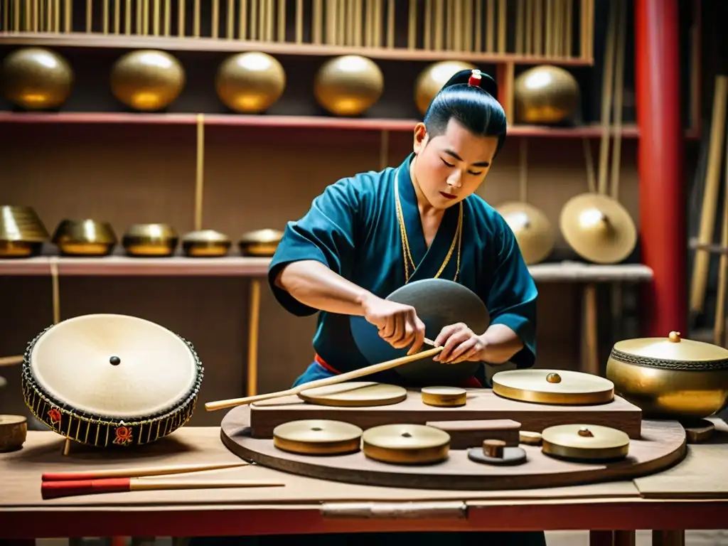 Artesanos crean instrumentos de percusión en ópera china en un taller lleno de detalles y tradición