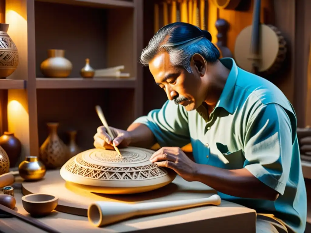 Artesanos tallando con precisión instrumentos tradicionales, rodeados de herramientas, virutas de madera y patrones detallados