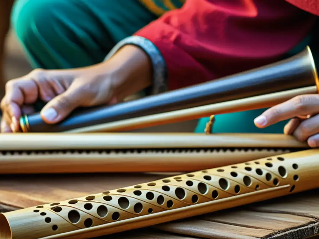 Artesanos expertos creando instrumentos precolombinos Artesanos crean instrumentos de viento precolombinos con métodos tradicionales, resaltando su artesanía y significado cultural