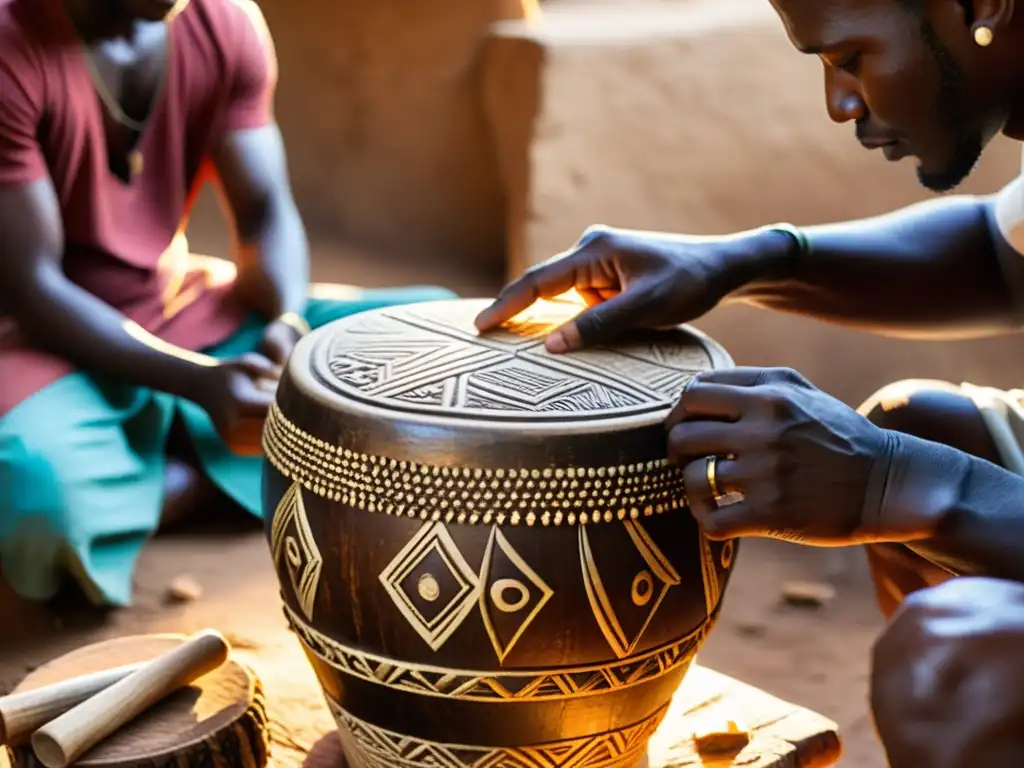 Artesanos en África tallan intrincados diseños en un djembé al atardecer, transmitiendo la historia del Djembé en África