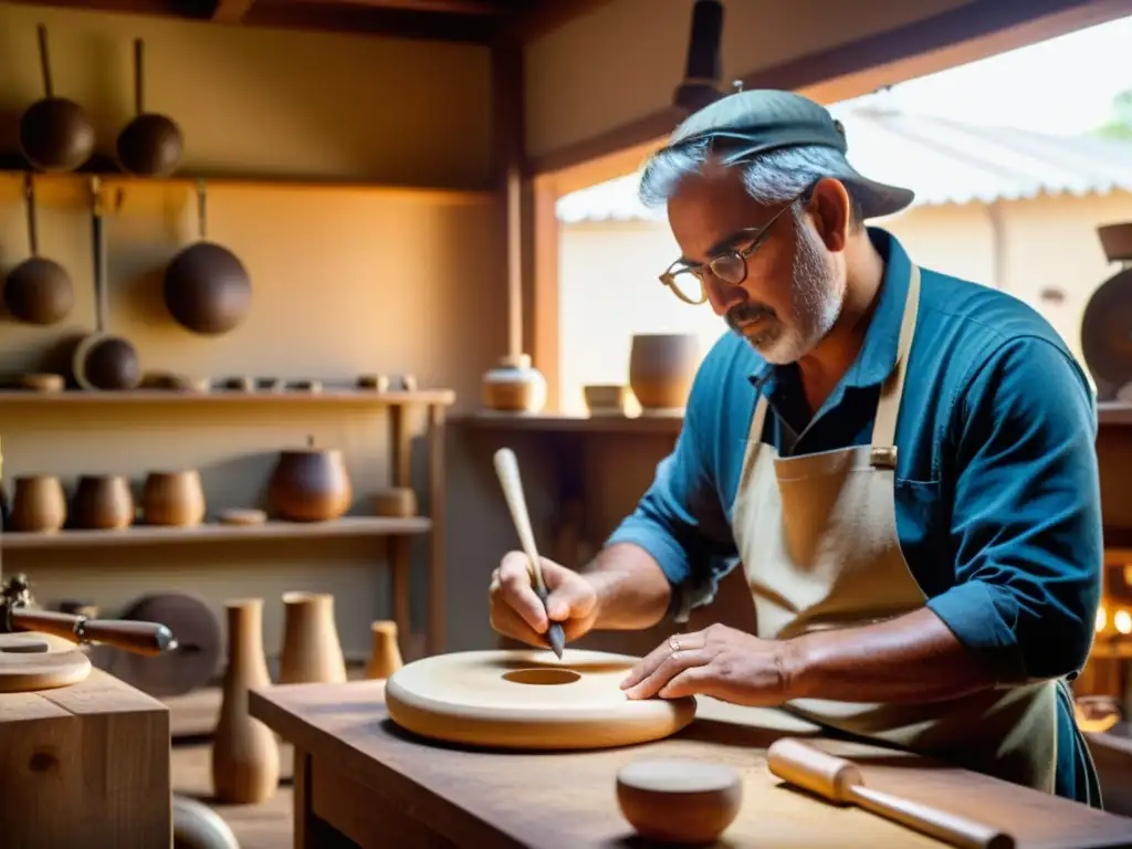 Artesanos italianos esculpen con destreza tambores de tamburello en un taller tradicional, mostrando la historia del tamburello italiano