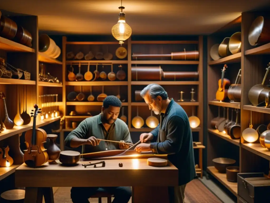 Artesanos y músicos reúnen en taller iluminado, tallando y afinando antiguos instrumentos musicales, rescatando su esencia