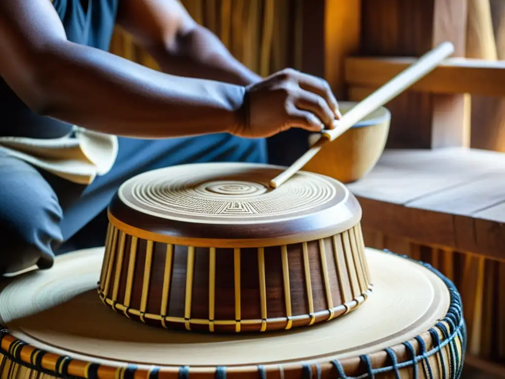 Artesanos creando Ñanga: Tradición y destreza artesanal Artesanos tallando y tejiendo una Ñanga, redescubrimiento percusión indígena América Sur, con tonos cálidos y expresiones enfocadas