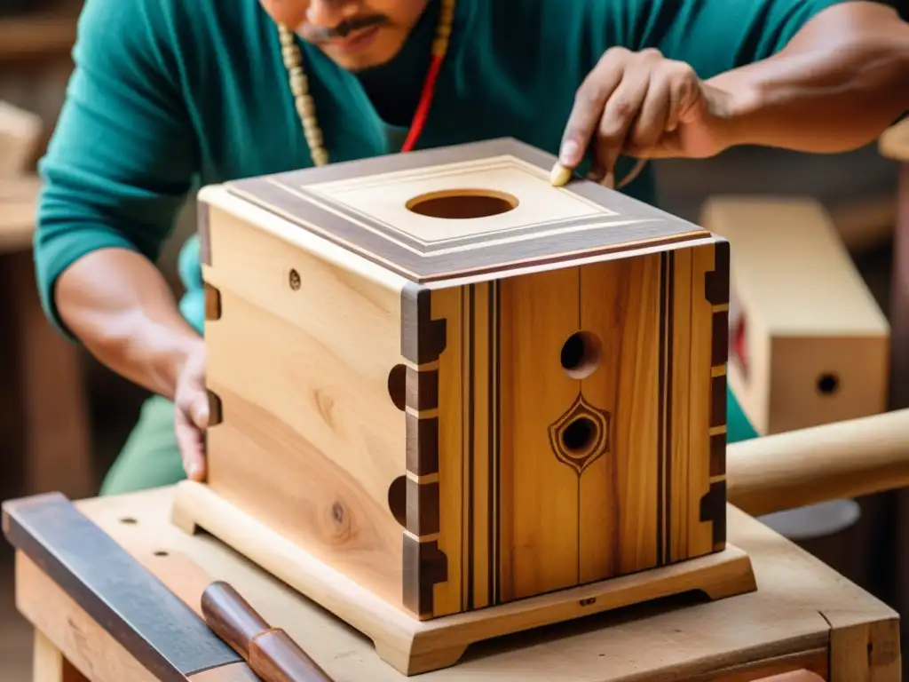 Artesanos peruanos tallando un cajón con maestría, reflejando el origen y evolución del cajón peruano