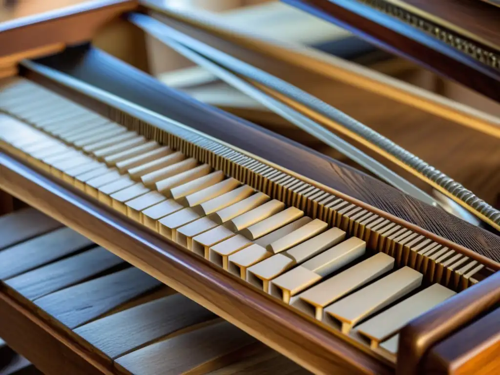 Artesanos construyendo un piano con técnicas tradicionales en un taller, resaltando la historia del piano en diferentes culturas