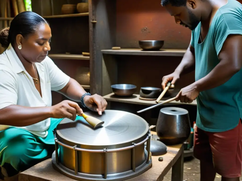 Artesanos en Trinidad y Tobago creando steel drums caribeños con precisión y pasión