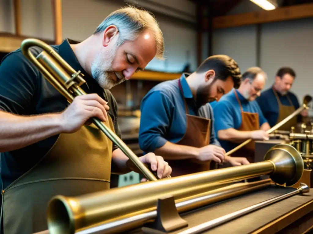 Artesanos elaborando trombones de pistones en un taller de latón, destacando la historia y la meticulosa construcción artesanal