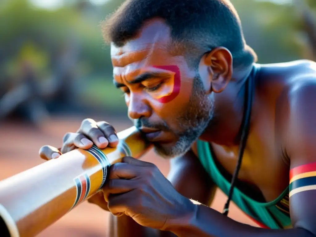 Un artista aborigen australiano toca el didgeridoo con intensidad, llevando consigo el sonido ancestral del didgeridoo australiano