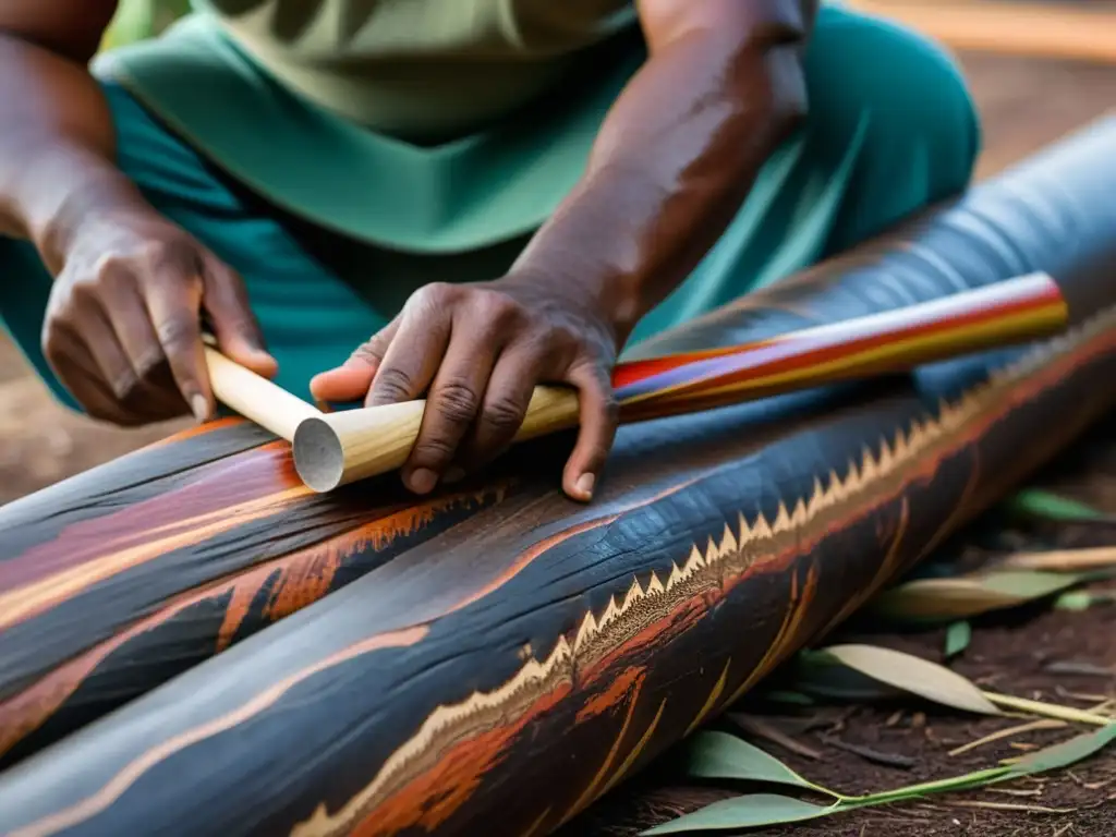 Un artista aborigen australiano talla meticulosamente un didgeridoo de un tronco de eucalipto, mostrando el origen y significado del didgeridoo