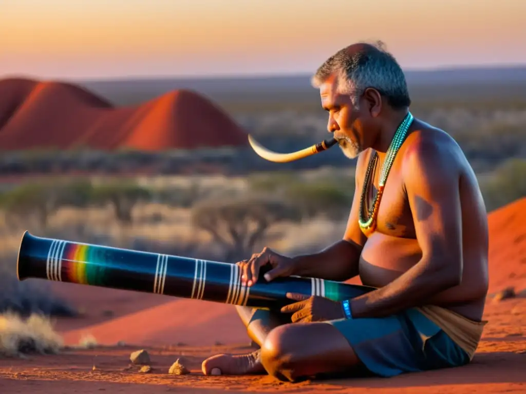 Un artista aborigen toca el didgeridoo al atardecer, conectando con la tierra