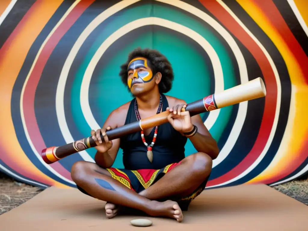 Un artista aborigen toca un didgeridoo decorado, revelando el origen y significado del didgeridoo aborigen en su expresión y arte vibrante