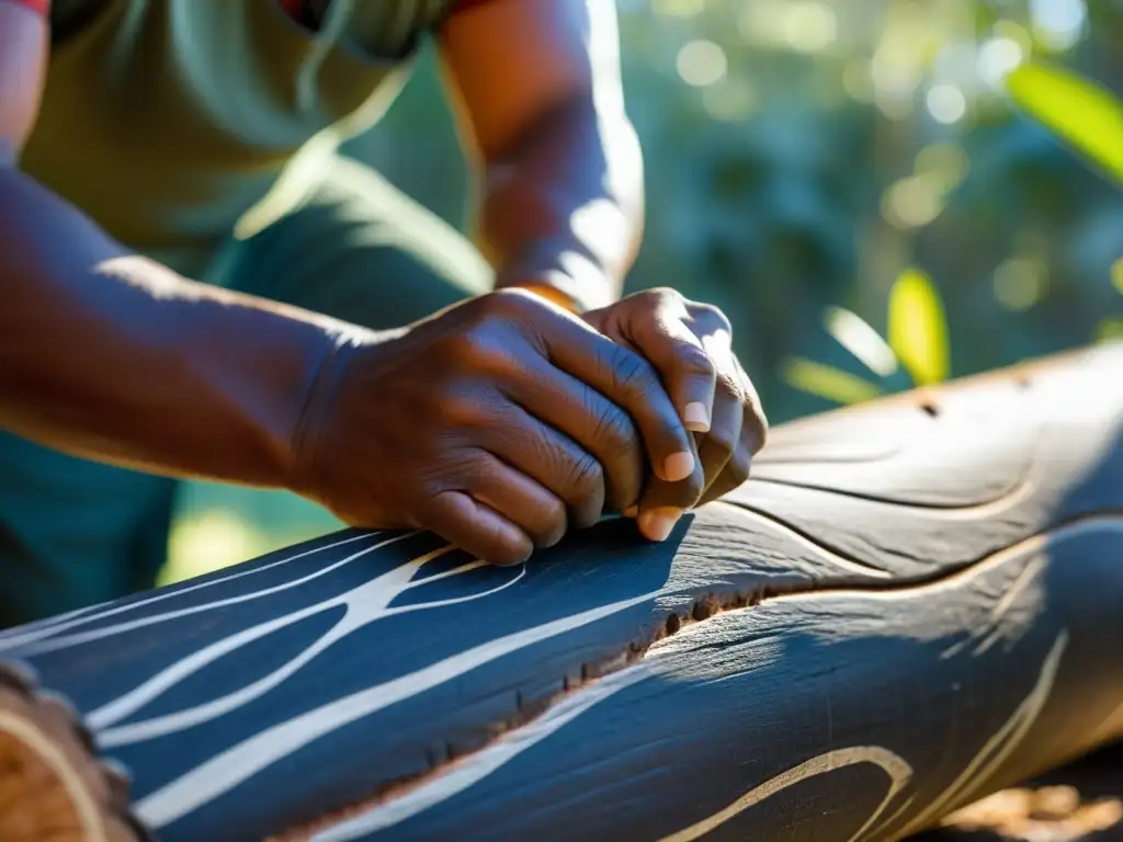 Un artista aborigen talla intrincados patrones en un tronco de eucalipto para crear un didgeridoo