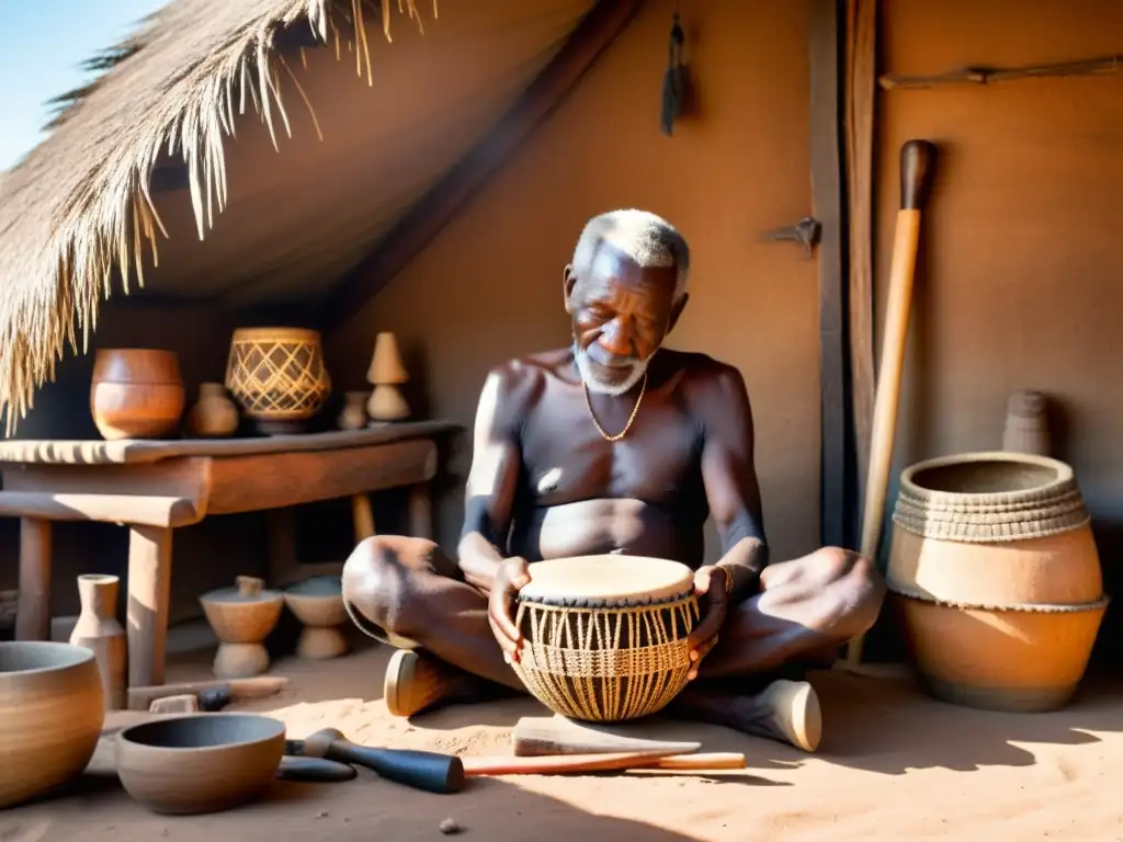 Artista africano talla con destreza un tambor Djembe en su taller, transmitiendo dedicación y tradición en la fabricación tradicional tambores Djembe