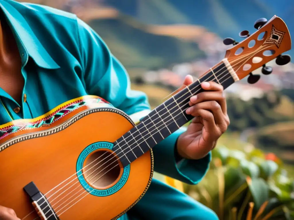 Un artista toca el charango andino, con montañas andinas de fondo, capturando la historia del charango andino en una escena vibrante y emocionante