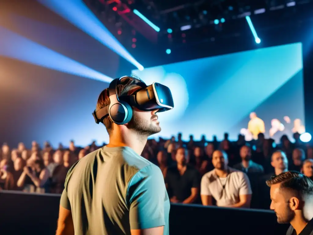 Artista en concierto con realidad virtual, fusionando mundos en una experiencia inmersiva